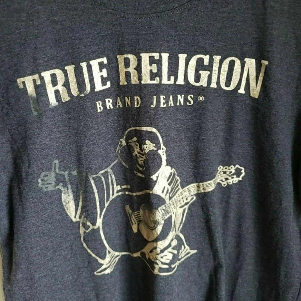 True Religion Shirt Mens Medium Gray Buddha Guitar Graphic Tagless Tee Soft